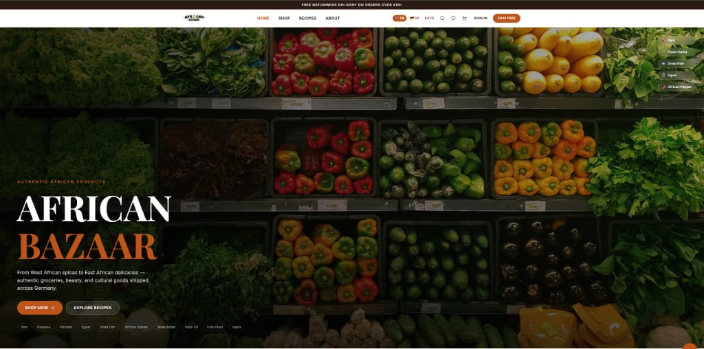 Startseite des Online-Lebensmittelshops African Bazaar mit frischen Produkten