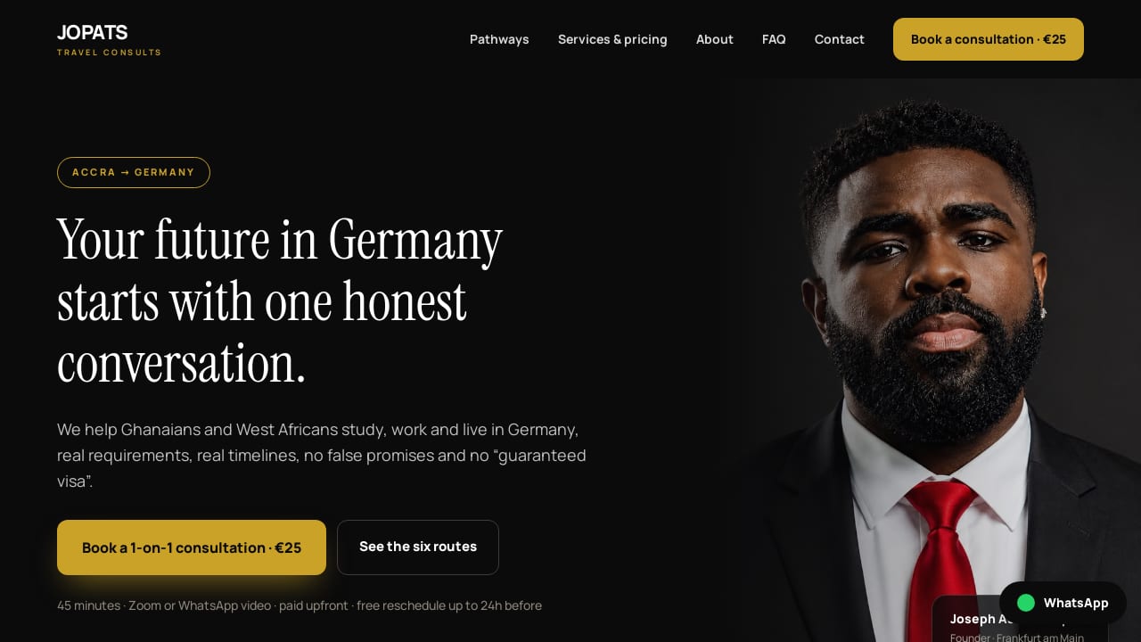 Landingpage von Jopats Travel Consults für den Umzug nach Deutschland
